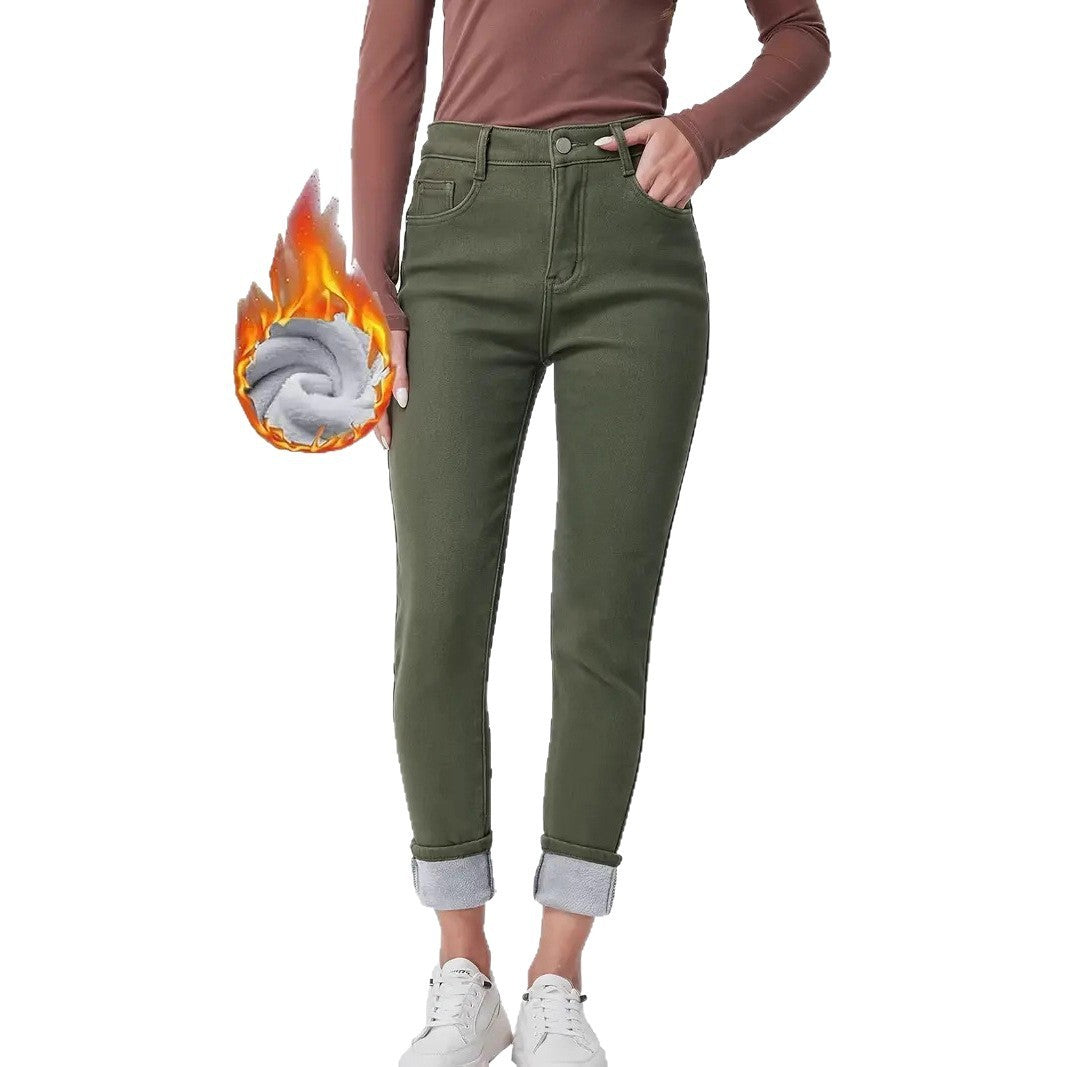 Slim Fit High Waist Dark Green Denim Trousers