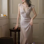 Slim-fit French-style Ice-silk Long Nightgown For Women