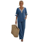 Fashionable V-neck Embroidered Top With Casual Wide-leg Pants Elegant Womens Set