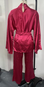 Satin High-Neck Asymmetric Waist Wide-Leg Pants Set