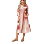 V-neck Striped Dress-shirt Skirt Thats Slimming And Relaxed-fit