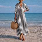 SpringSummer New Striped Lapel-Pocket Dress