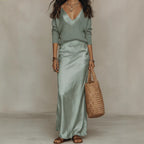 Womens Solid-Color V-Neck Knitted Sweater And Satin Dress Set