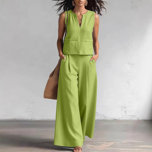 Solid-color Elegant Two-piece Set Crew-neck Vest And Wide-leg Pants