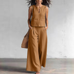 Solid-color Elegant Two-piece Set Crew-neck Vest And Wide-leg Pants