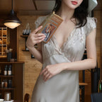 Slim-fit French-style Ice-silk Long Nightgown For Women