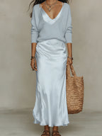 Womens Solid-Color V-Neck Knitted Sweater And Satin Dress Set