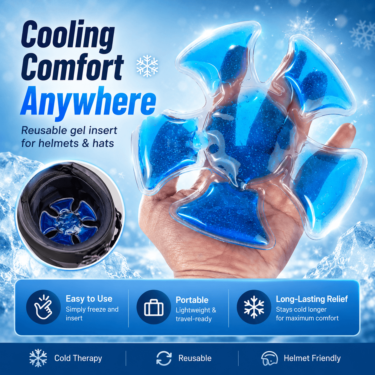 Reusable Helmet Ice Gel Pad – Cooling Insert for Hats, Helmets & Headwear