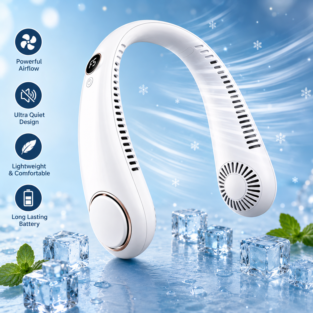 Rechargeable Wearable Neck Fan – 5 Speeds, Quiet Airflow & Up to 9 Hours Use